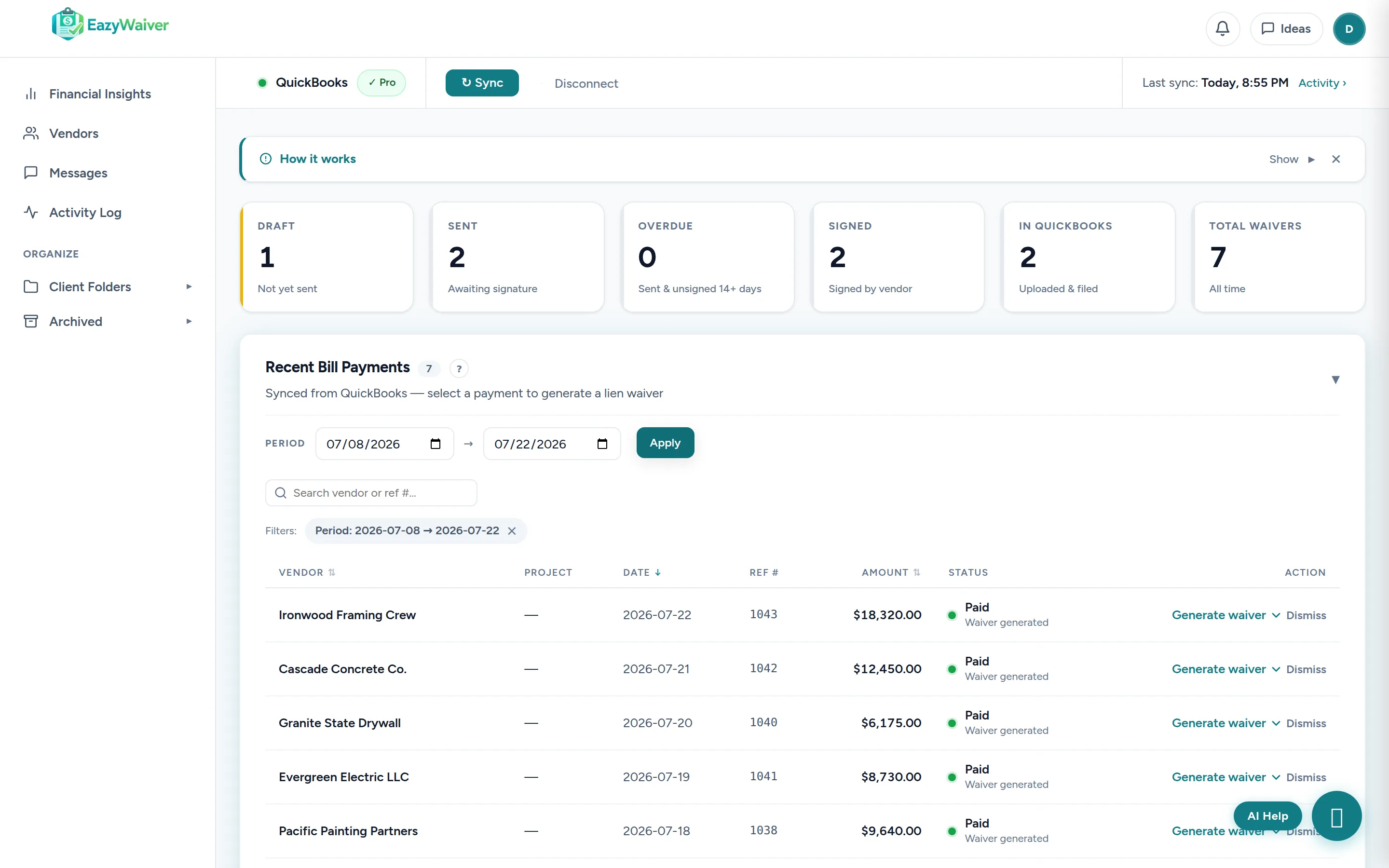 EazyWaiver dashboard listing QuickBooks bill payments with vendor, amount, and check number pulled from QuickBooks Online, ready for waiver generation
