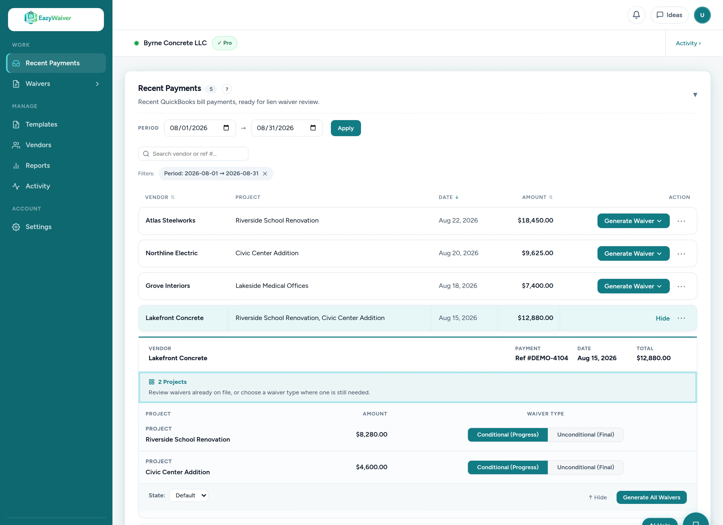 EazyWaiver Recent Payments view showing fictional vendor and payment context, two project rows, visible Progress and Final choices, and the Generate All Waivers action