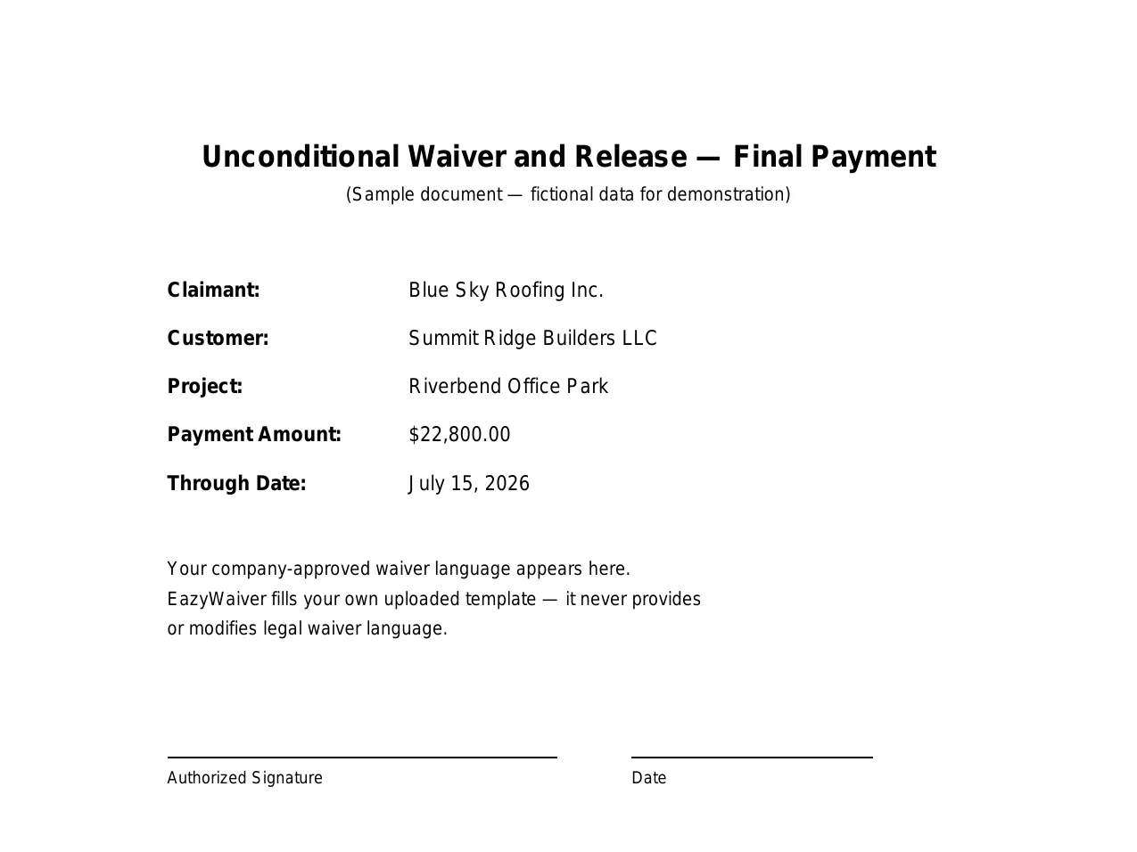 EazyWaiver PDF preview showing a completed lien waiver document filled with payment details before download or sending