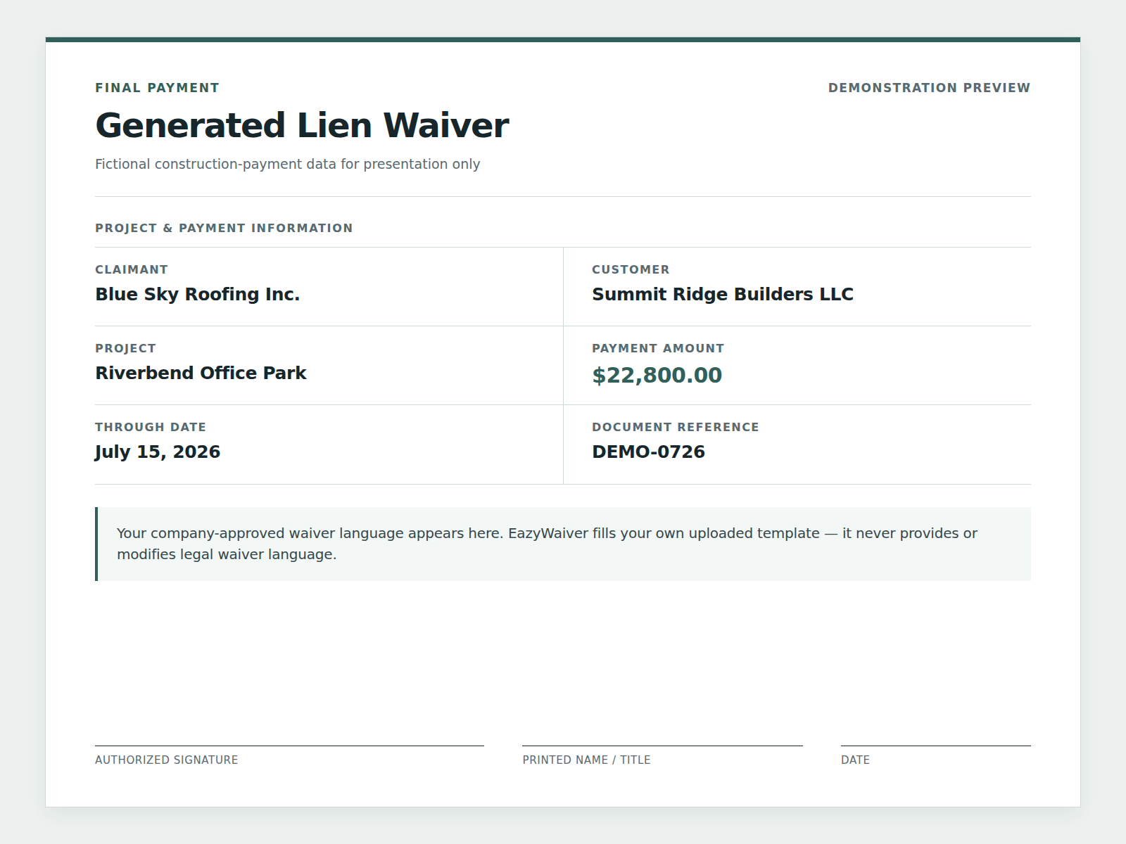 Professionally formatted fictional demonstration waiver showing aligned payment details, a clear sample disclosure, and blank signature and date fields