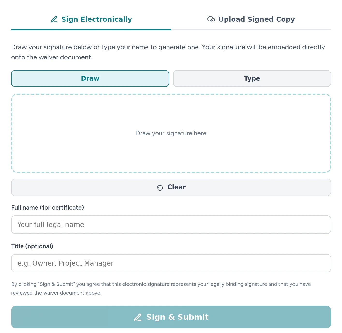 EazyWaiver vendor signing portal e-signature panel with Sign Electronically and Upload Signed Copy tabs, draw or type signature options, claimant name and title fields, and a Sign and Submit button