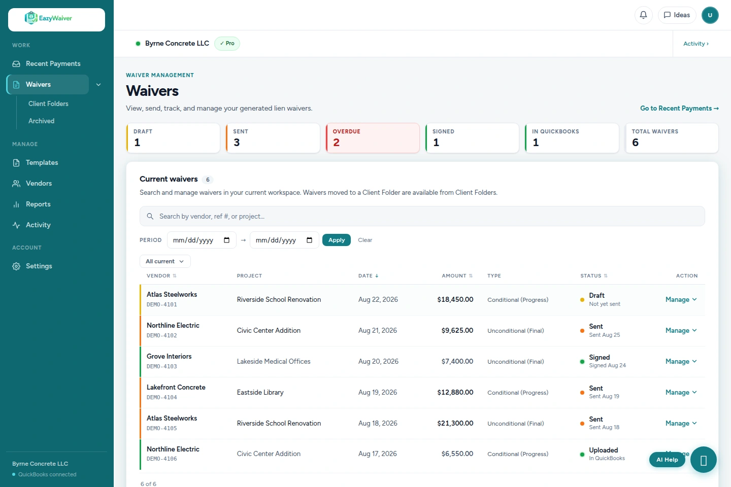 Current EazyWaiver Waivers workspace showing Draft, Sent, Overdue, Signed, and In QuickBooks status examples with fictional data