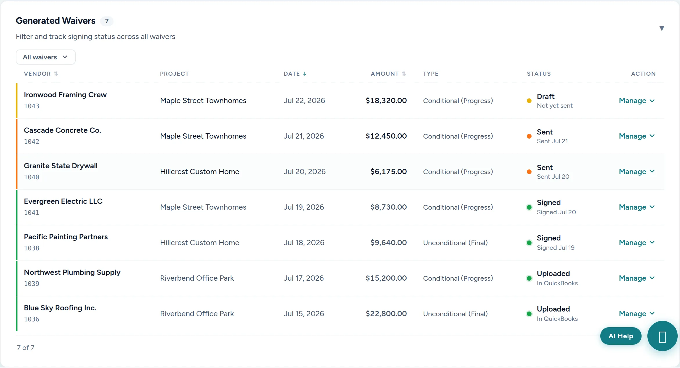 EazyWaiver waiver tracking table showing each waiver's amount, type, and status: draft, sent, signed, or uploaded in QuickBooks